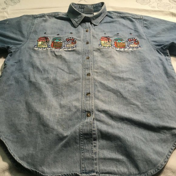 #56 Bobbie Brooks Denim Button-Up Shirt Women's L Short Sleeve Embellished Fall - Picture 1 of 9